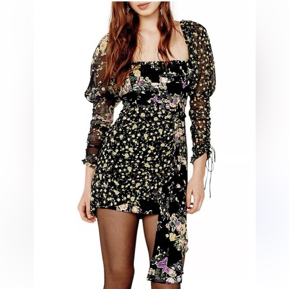 For Love And Lemons EILEEN mini dress, October Floral, Black and Lilac, Medium - Picture 11 of 11